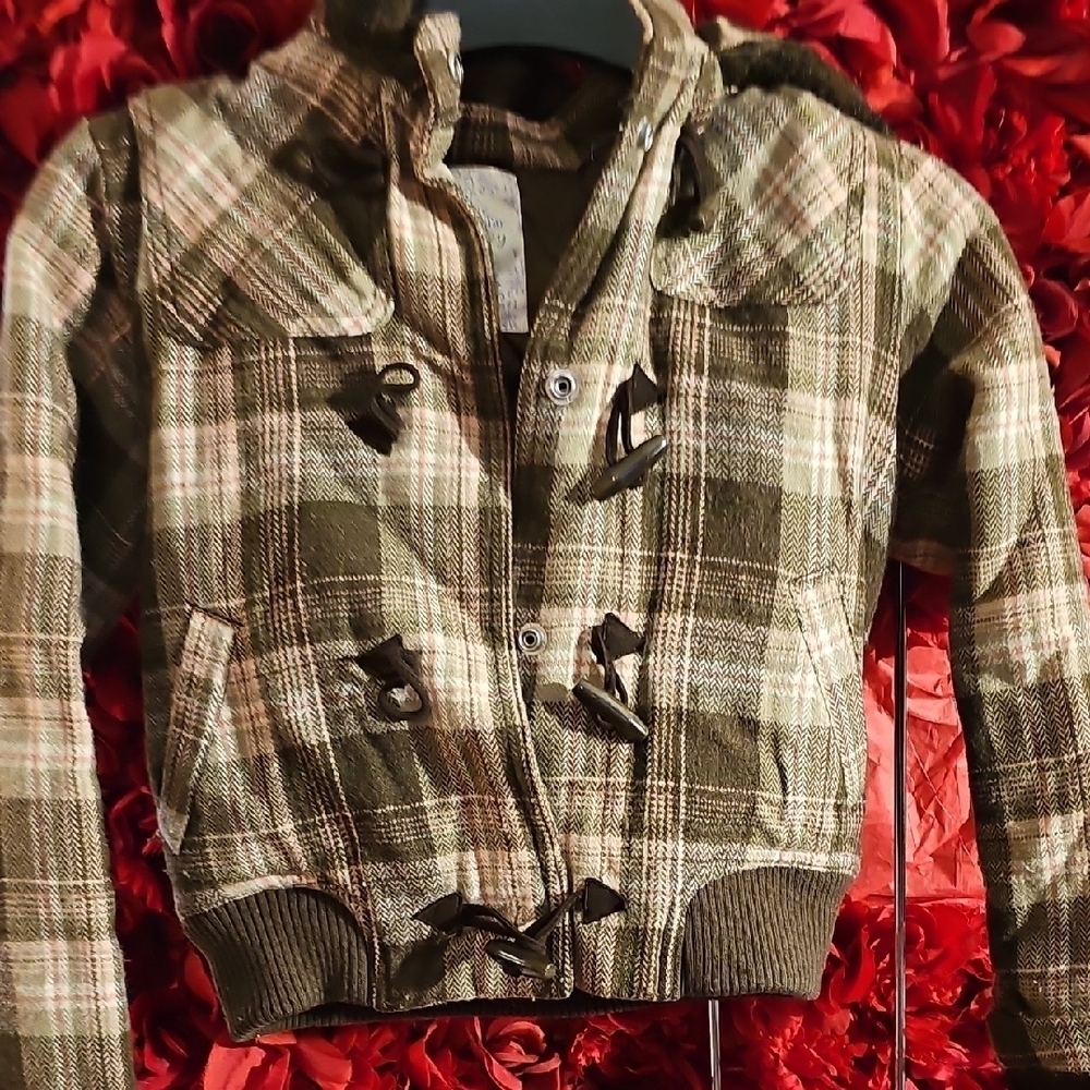 Old Navy Girls Plaid Hooded Jacket with Toggle Closures Size Medium
